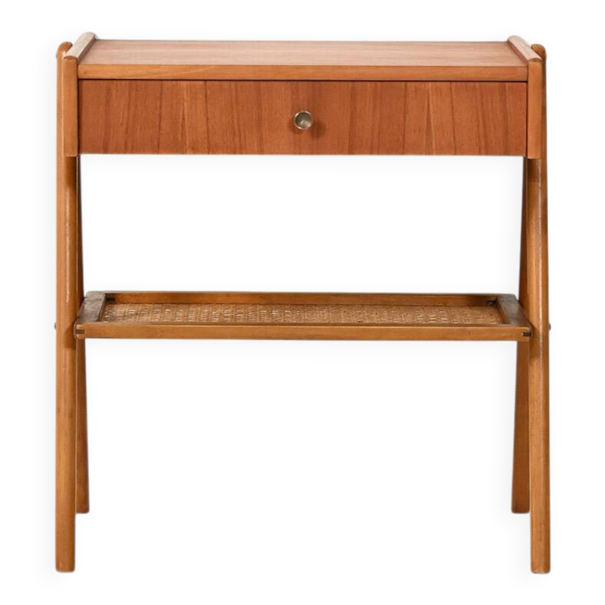 Scandinavian vintage bedside table in teak with Vienna cane