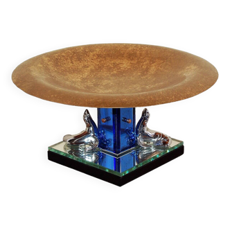Art Deco Bronze and Stained Glass Centerpiece from Buschi, 1930s