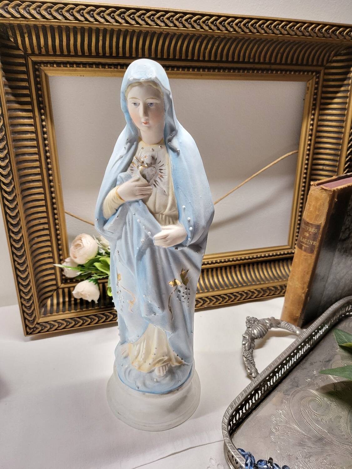 Antique Religious Biscuit Statuette Virgin Mary Sacred Heart