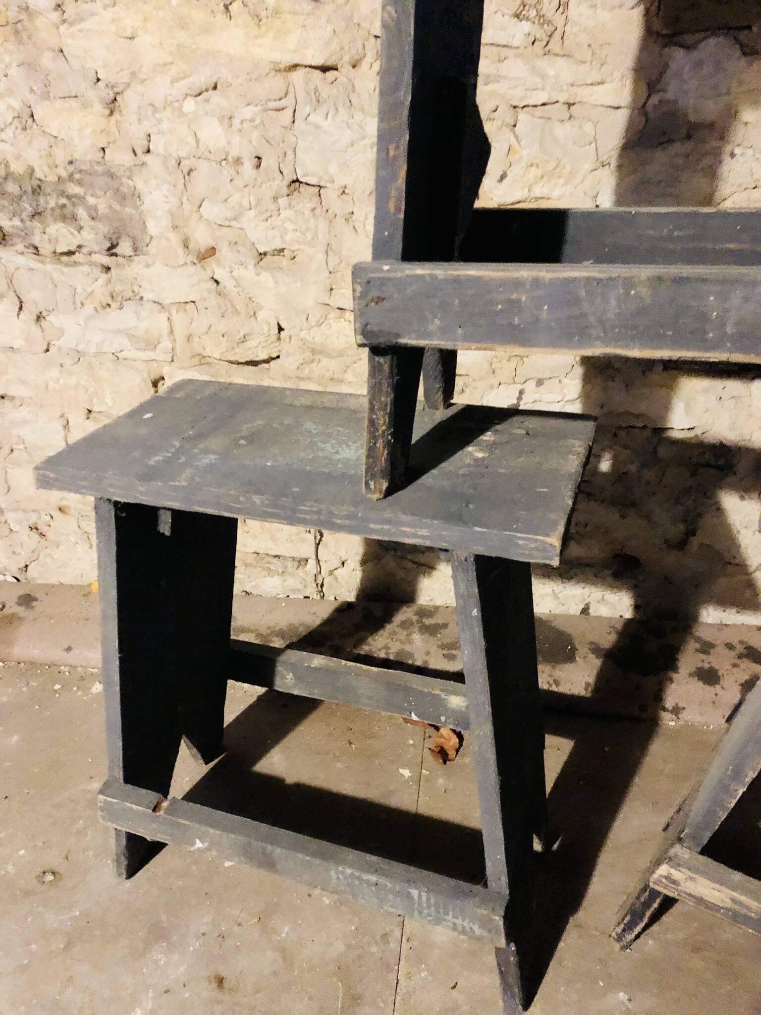 3 low blue-grey stools