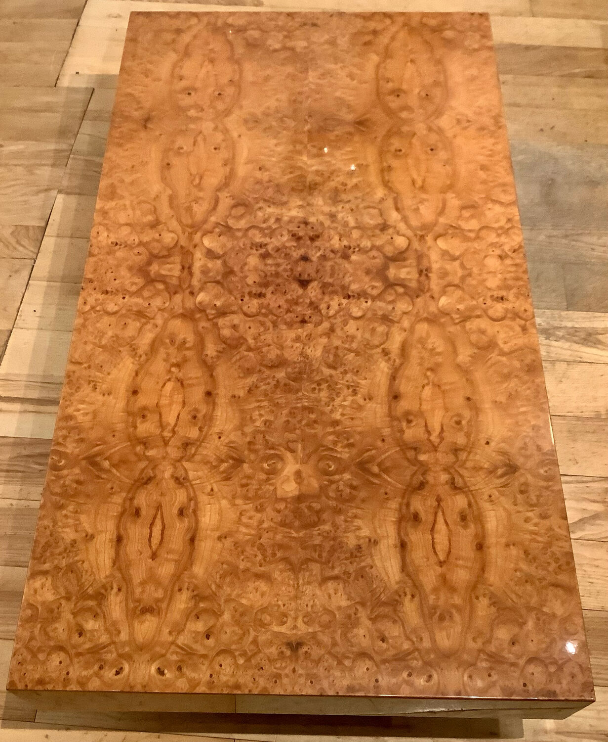 Rectangular elm magnifying glass coffee table, c. 1980