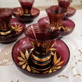 12-piece vintage espresso set for 6 people in wine-colored glass and gold trim