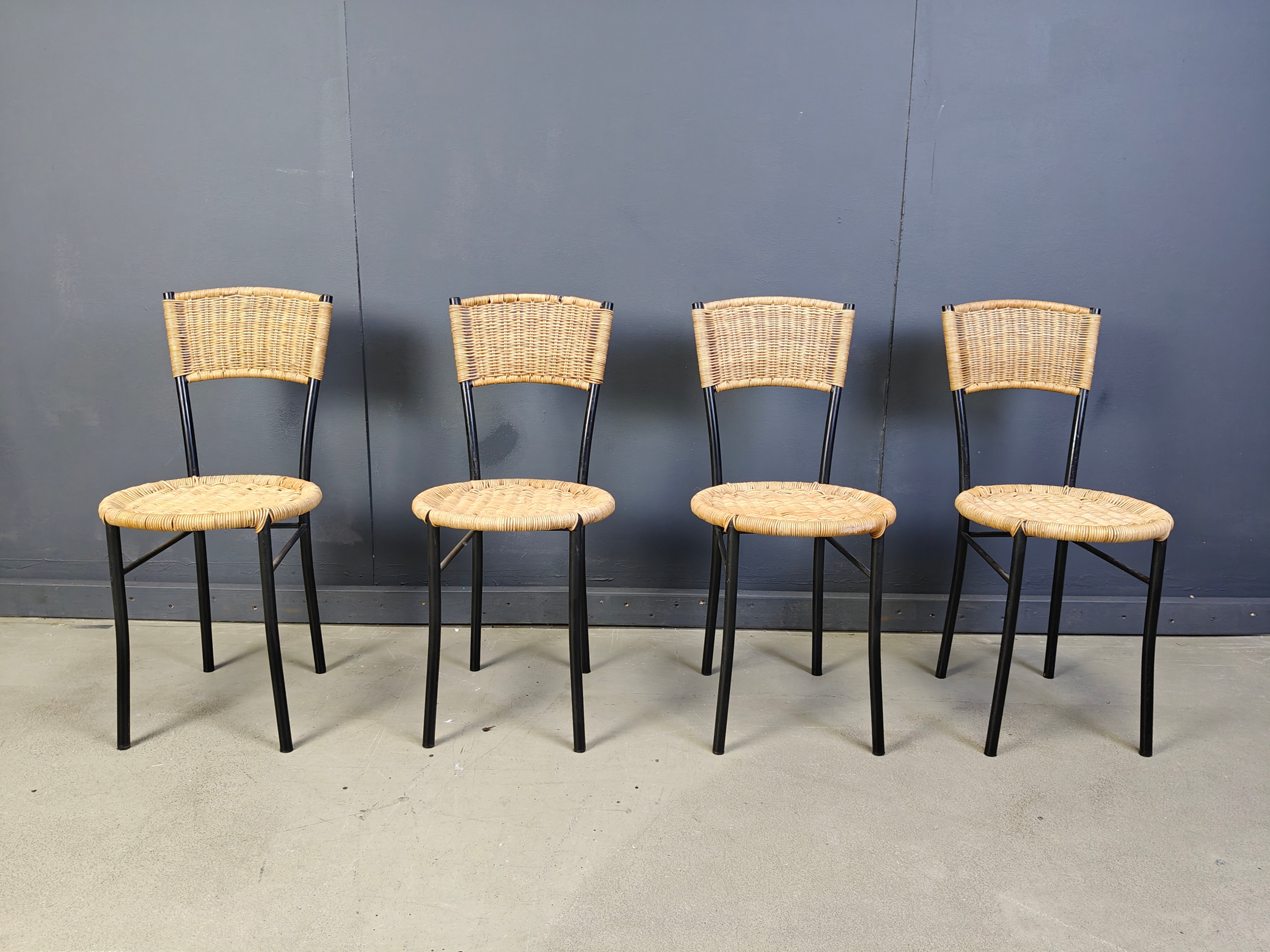 Wicker and metal dining chairs, 1980s - set of 4