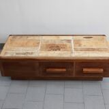 Vintage 1970 coffee table in solid oak & ceramic