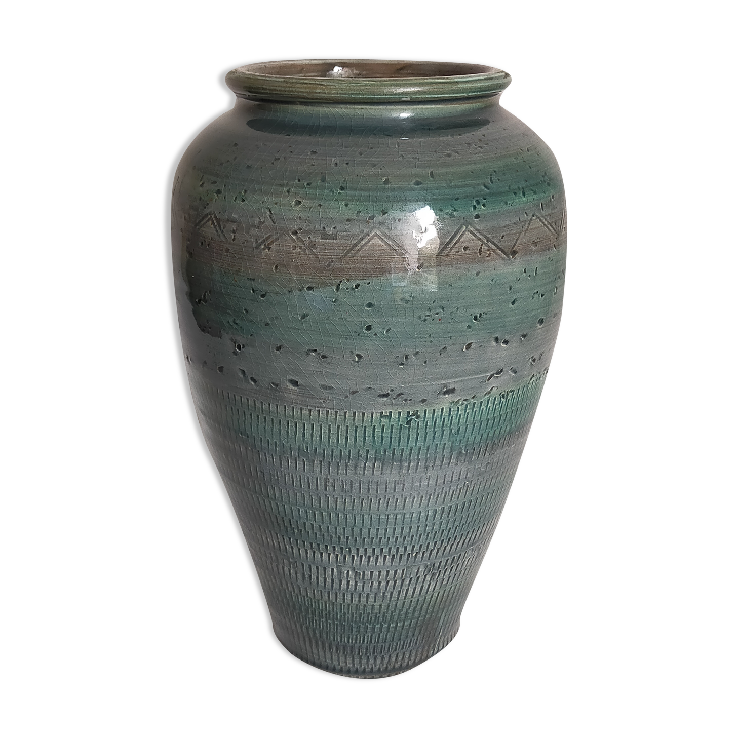 Oblong ceramic vase sacrificed with blue enamel