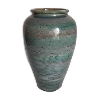 Oblong ceramic vase sacrificed with blue enamel