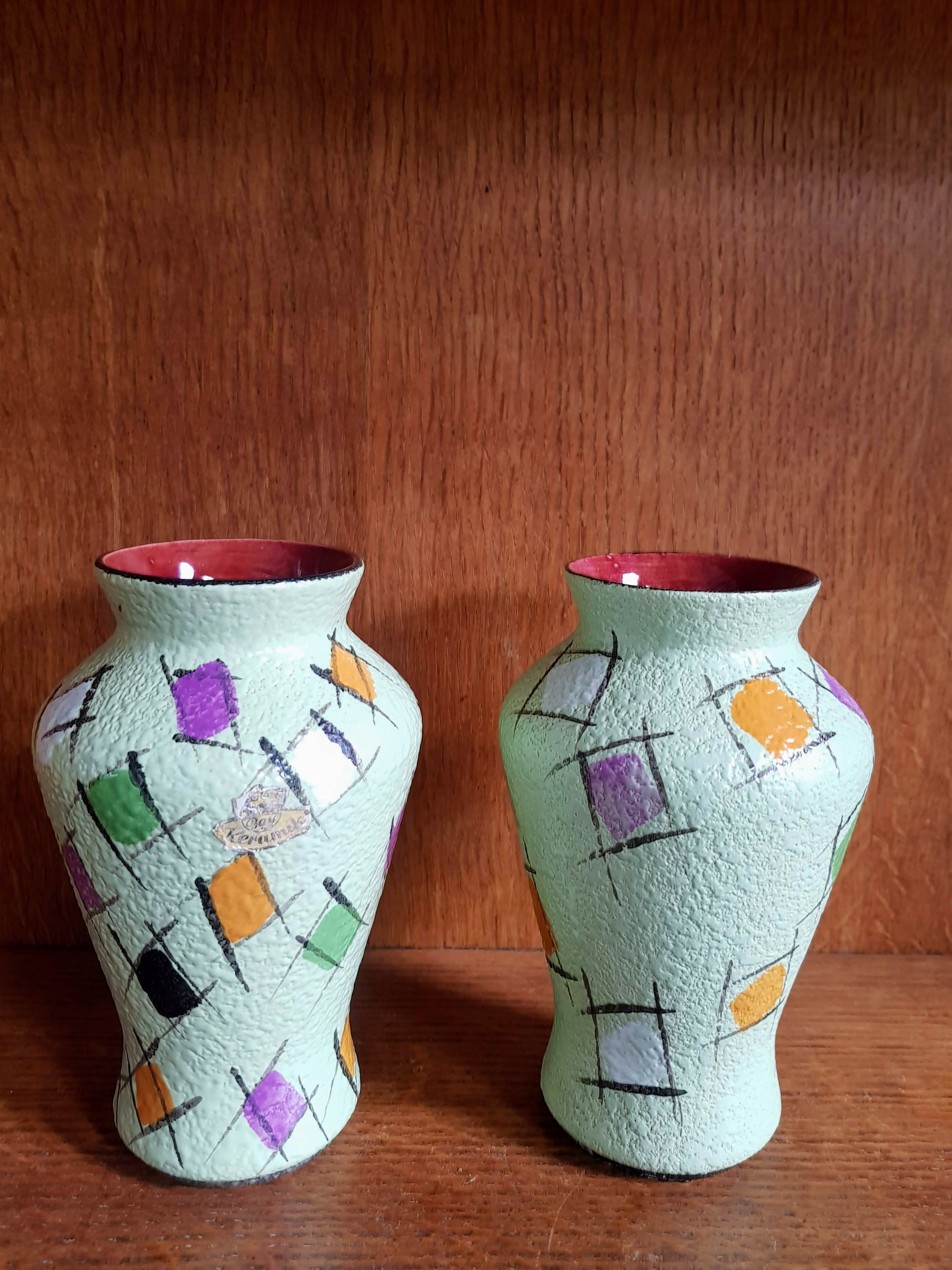Set of Two Vintage Fat Lava Hand-painted Ceramic Vases by Bay Keramik - West Germany - 1960s