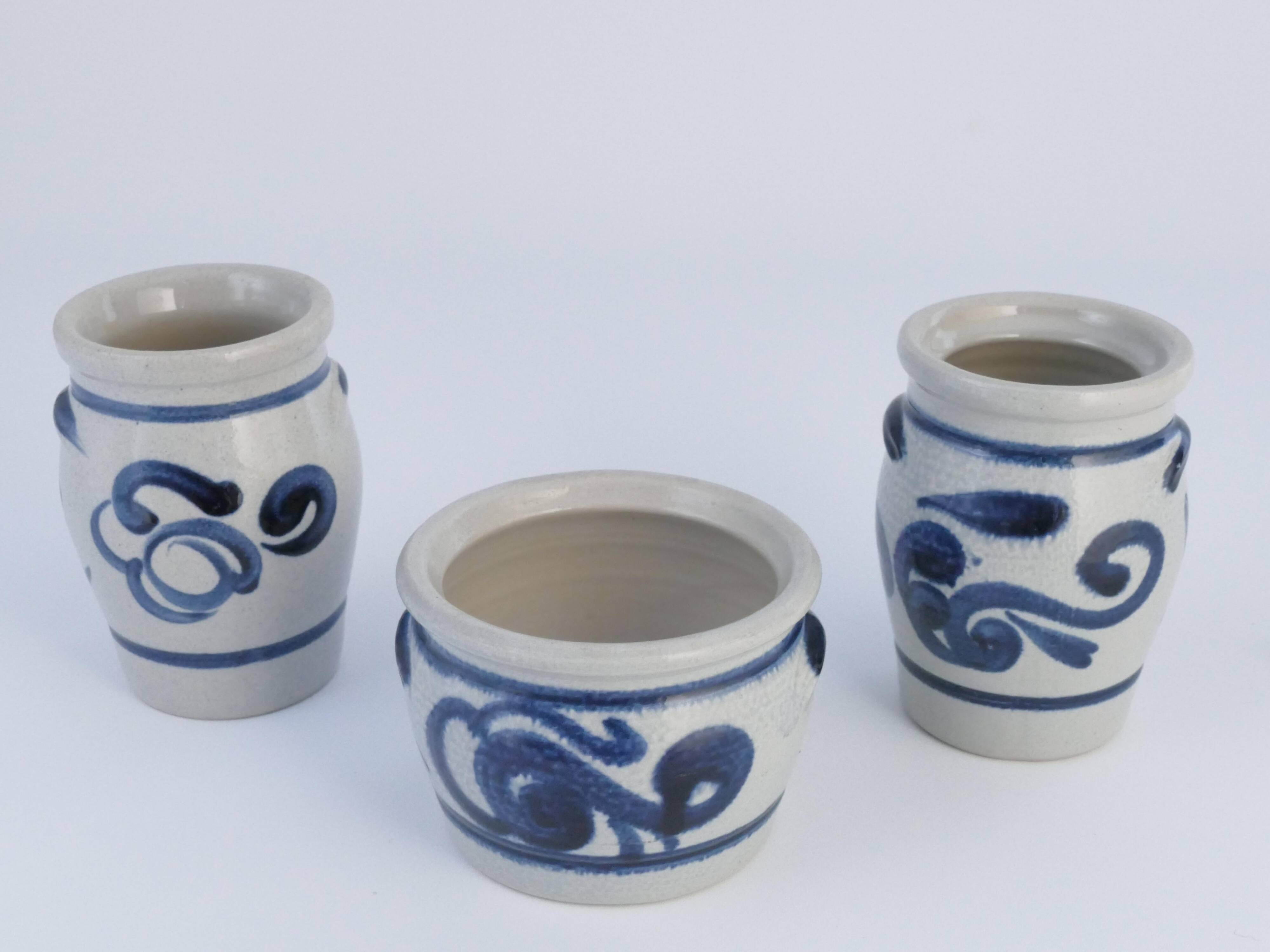 Stoneware Jars with Cobalt Blue Floral Motif from Westerwald, Germany, Set of 3
