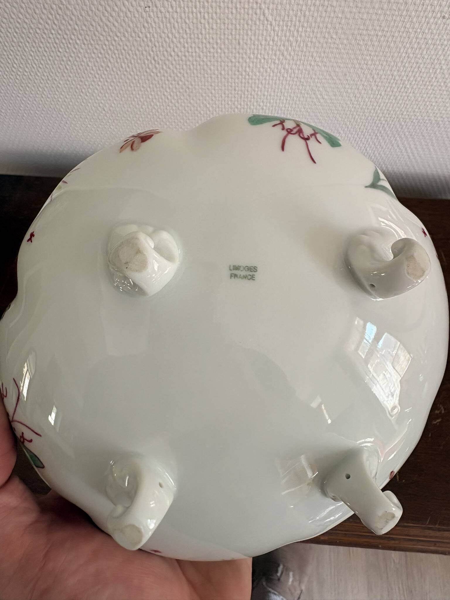 Old Tripod Pocket Bowl Limoges Floral Butterfly Decor Porcelain