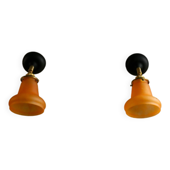set of 2 antique French wall lights in orange translucent glass, wall lights - light