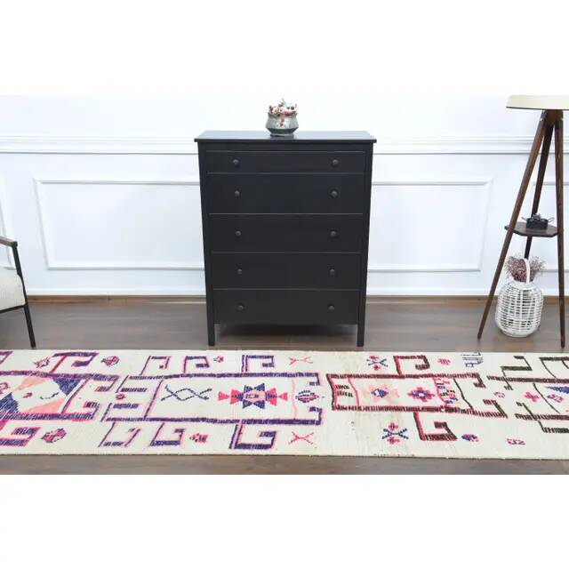 1970s Vintage Turkish Hand-Knotted Wool Cotton White Runner Rug 92x330