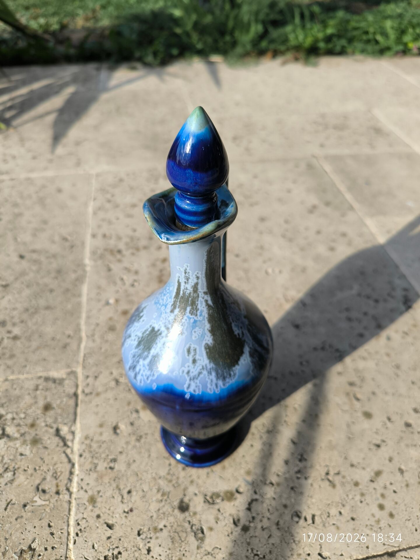 Vintage cobalt blue glazed ceramic carafe / jug – lid