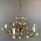 Lustre en porcelaine et laiton à décor de fleurs, XXème siècle