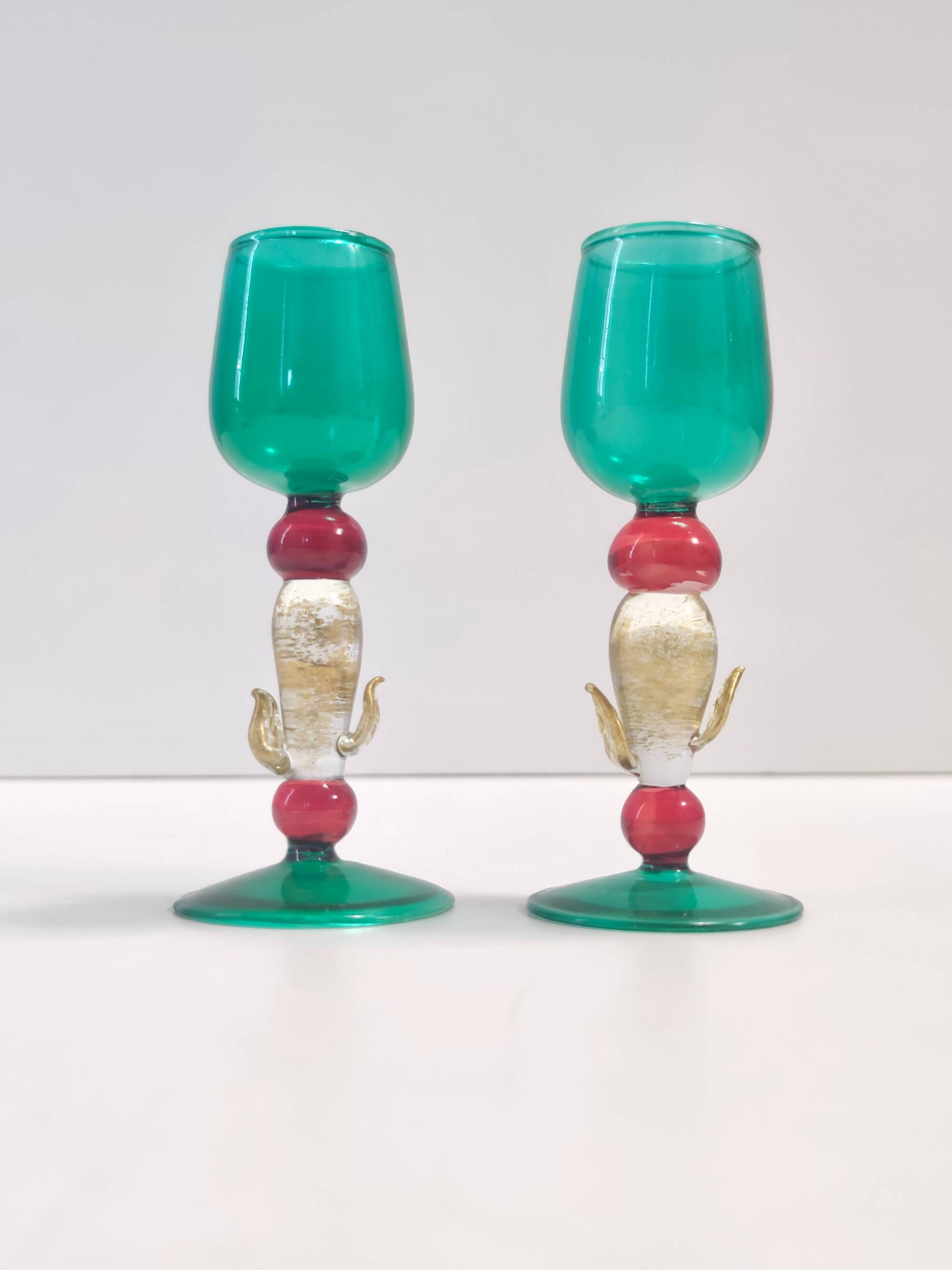 Postmodern Pair of Teal, Red and Gold Liqueur Glasses by Salviati, Murano, Italy
