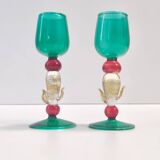 Postmodern Pair of Teal, Red and Gold Liqueur Glasses by Salviati, Murano, Italy