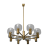 Mid-century 8-arm brass & glass chandelier