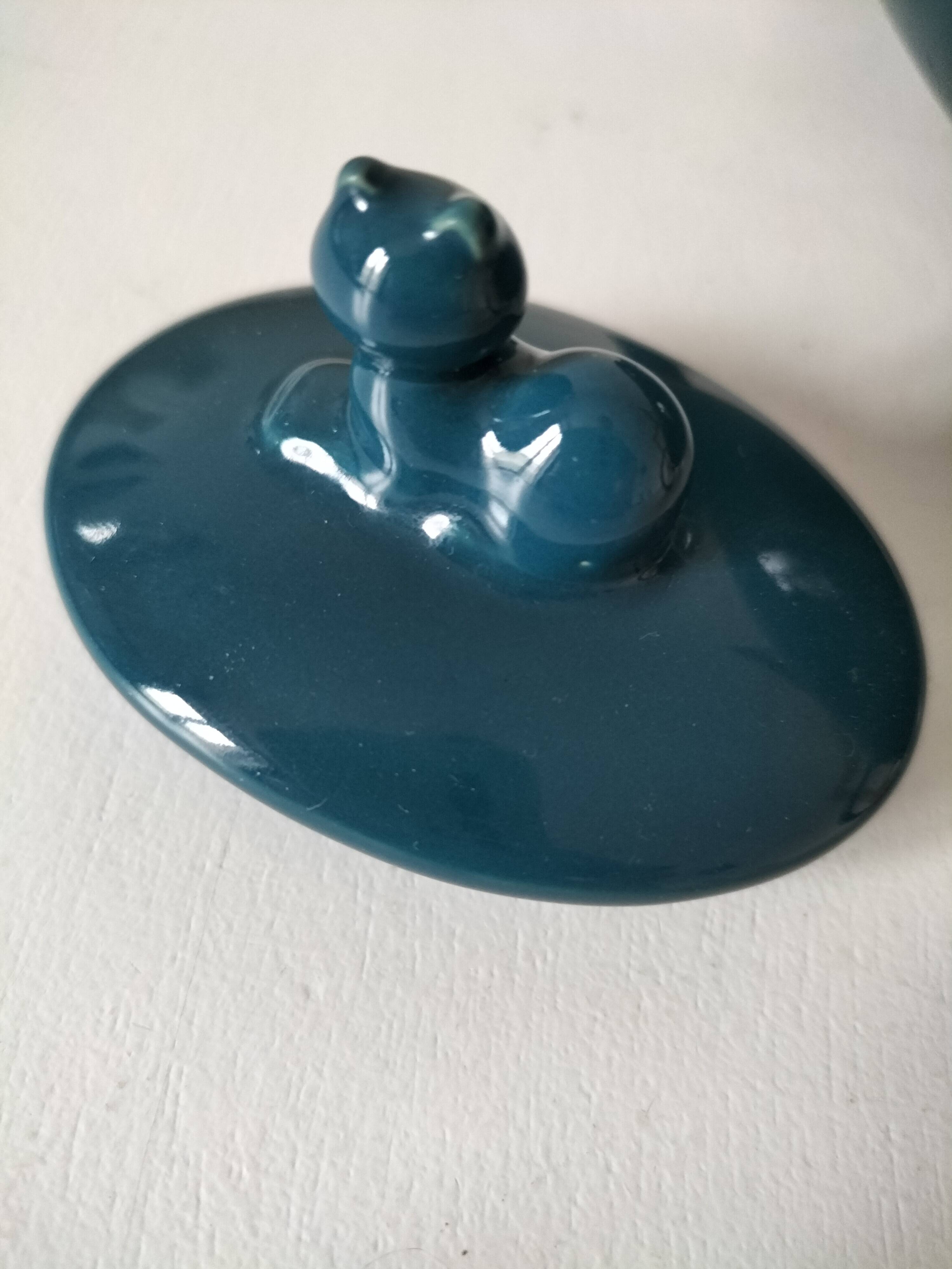 Vintage design teapot – cat model – duck blue glazed ceramic