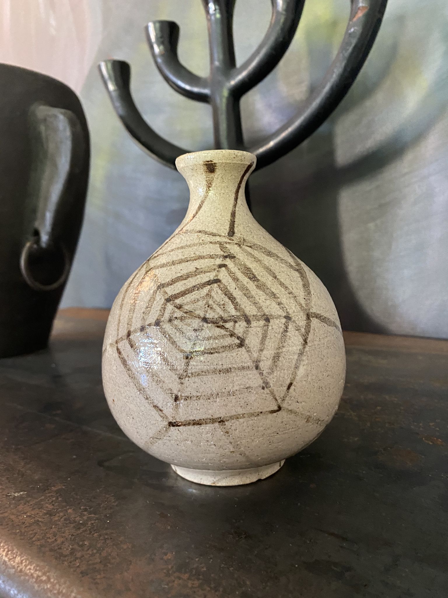 Vase ball ceramic vintage spider pattern signed mid century