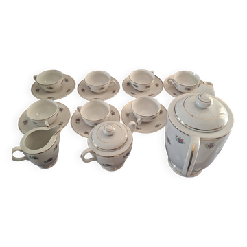 Service à café vintage en porcelaine – Décor roses et dorures – 17 pièces