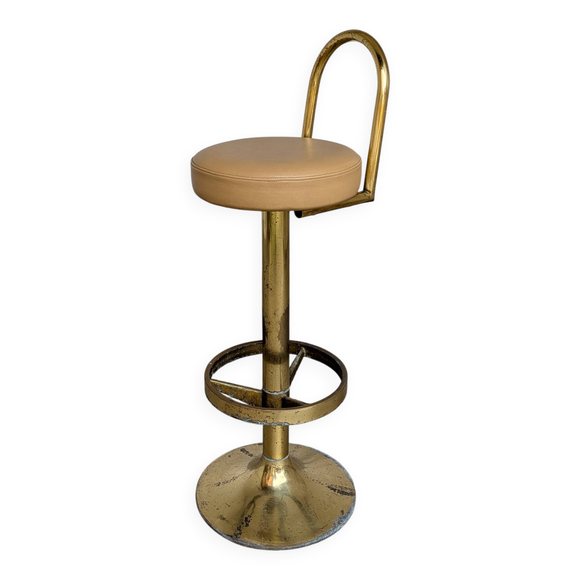 Tabouret de bar italien mid-century modern en laiton et cuir