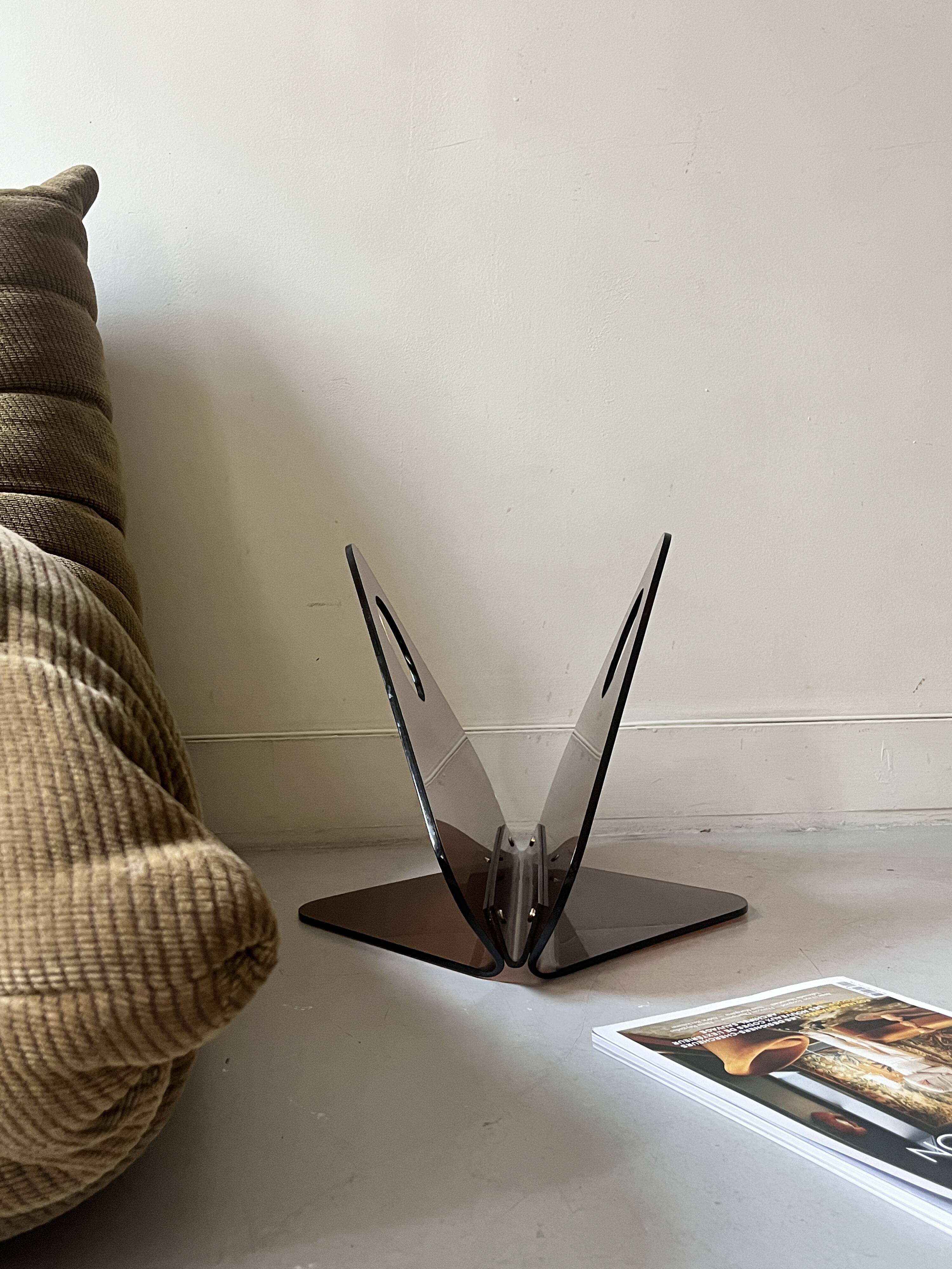 magazine holder in smoked plexiglass, design 1970