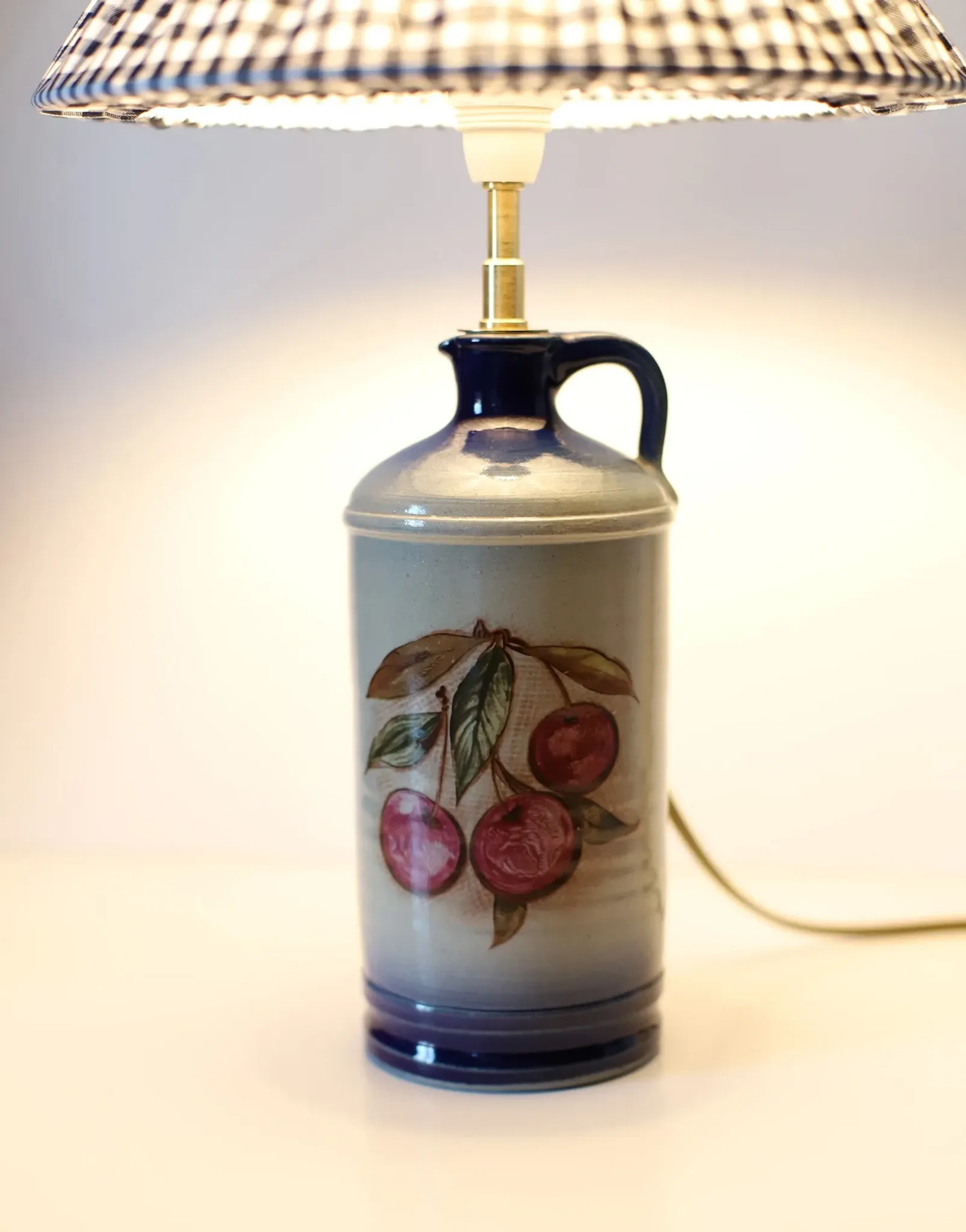 Vintage table lamp Hautlalampe: blue Alsace stone base and pleated Vichy shade.