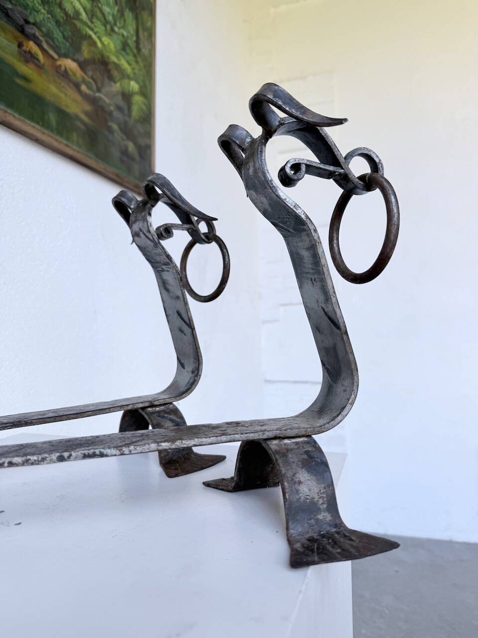 Pair of zoomorphic metal andirons "dogs" 1950