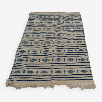 Beige and blue kilim rug hand-woven in natural wool