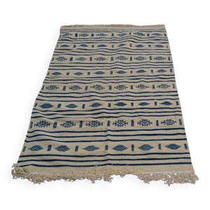 Tapis kilim beige et bleu tissé