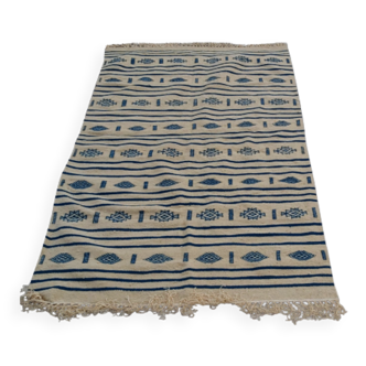 Beige and blue kilim rug hand-woven in natural wool