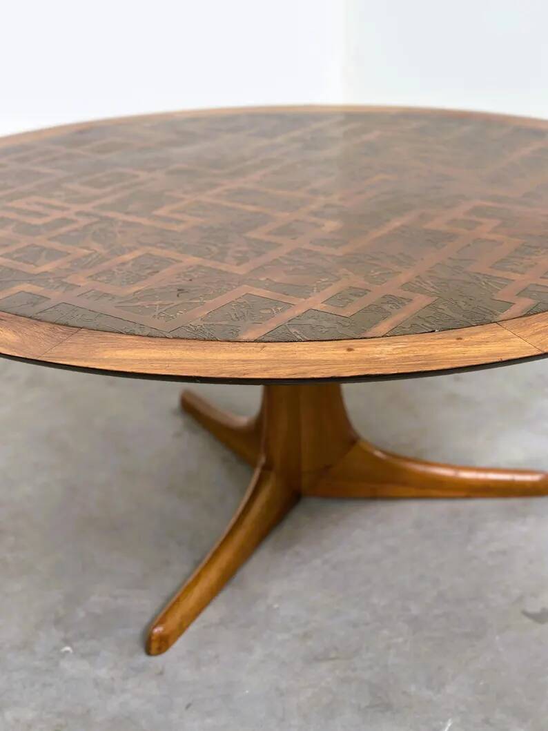 Vintage Wooden Coffee Table with Engraved Brass Top – 1970s