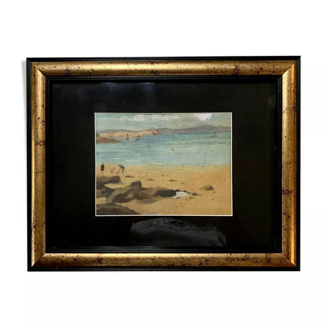 Teurreau: Oil On Canvas Beachside Lively With Characters And Sailboats