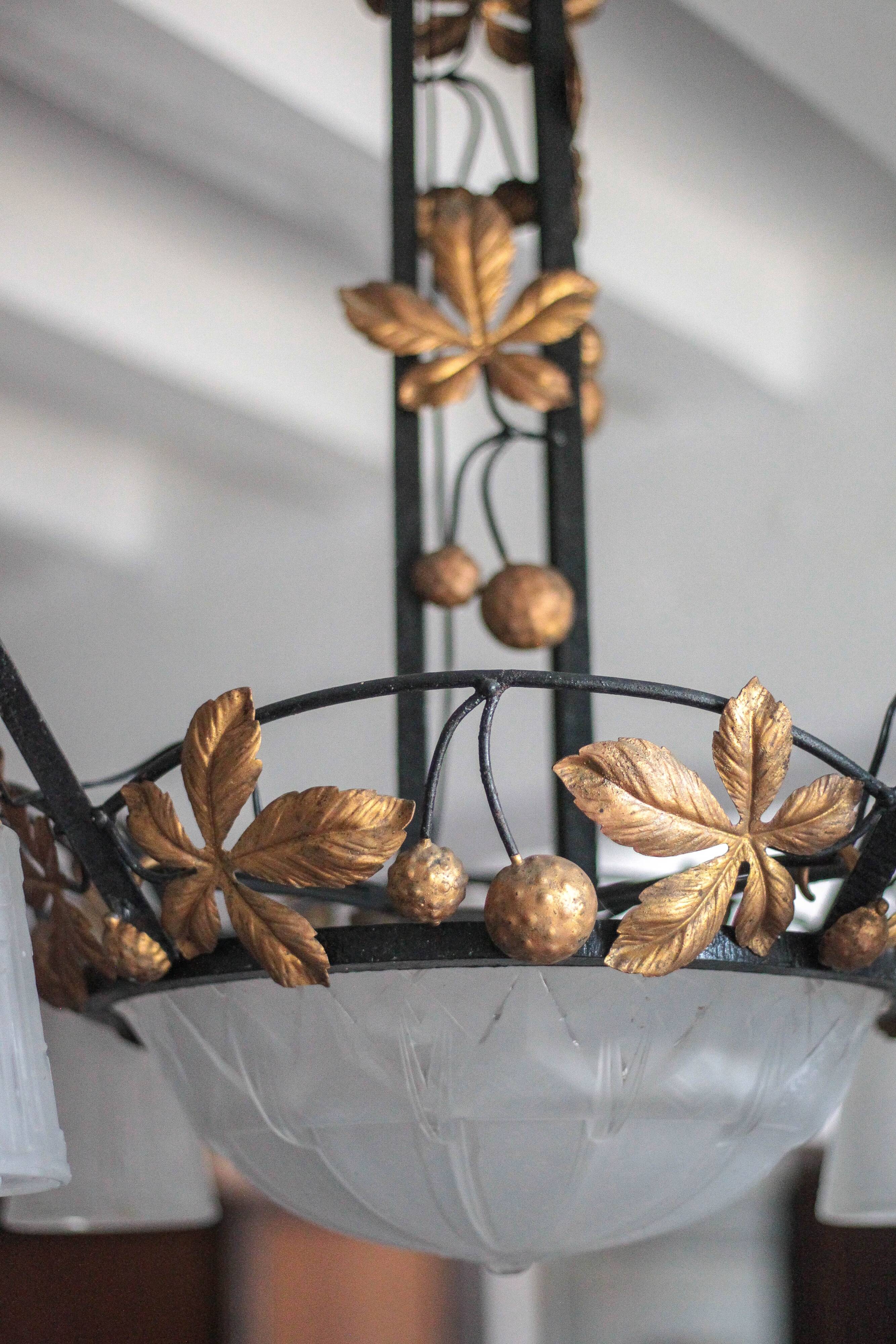 Art Deco wrought iron and glass chandelier Muller Frères Luneville, Art Nouveau