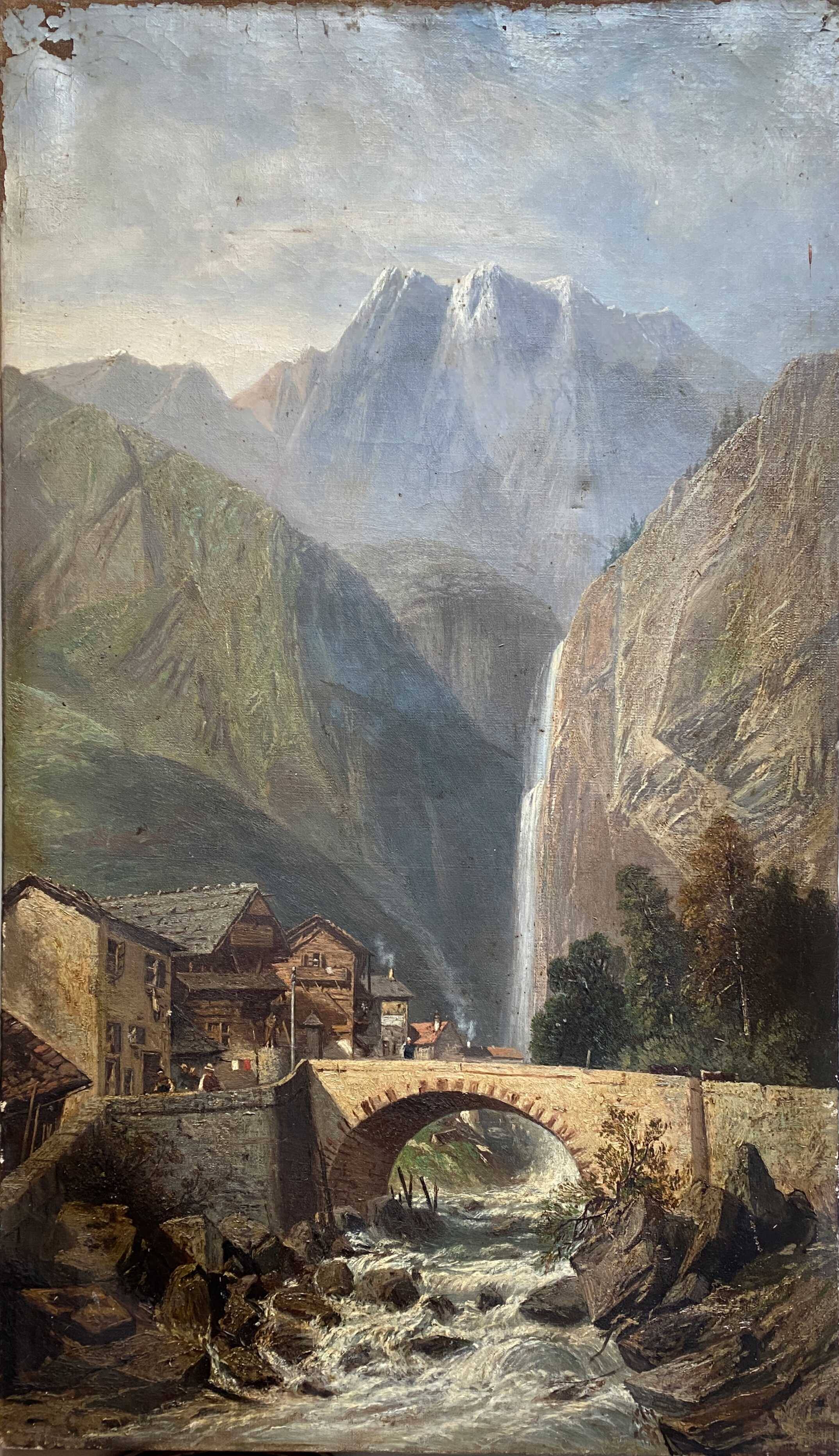 19th century HST painting "lively mountain village with torrent and waterfall"