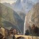 19th century HST painting "lively mountain village with torrent and waterfall"
