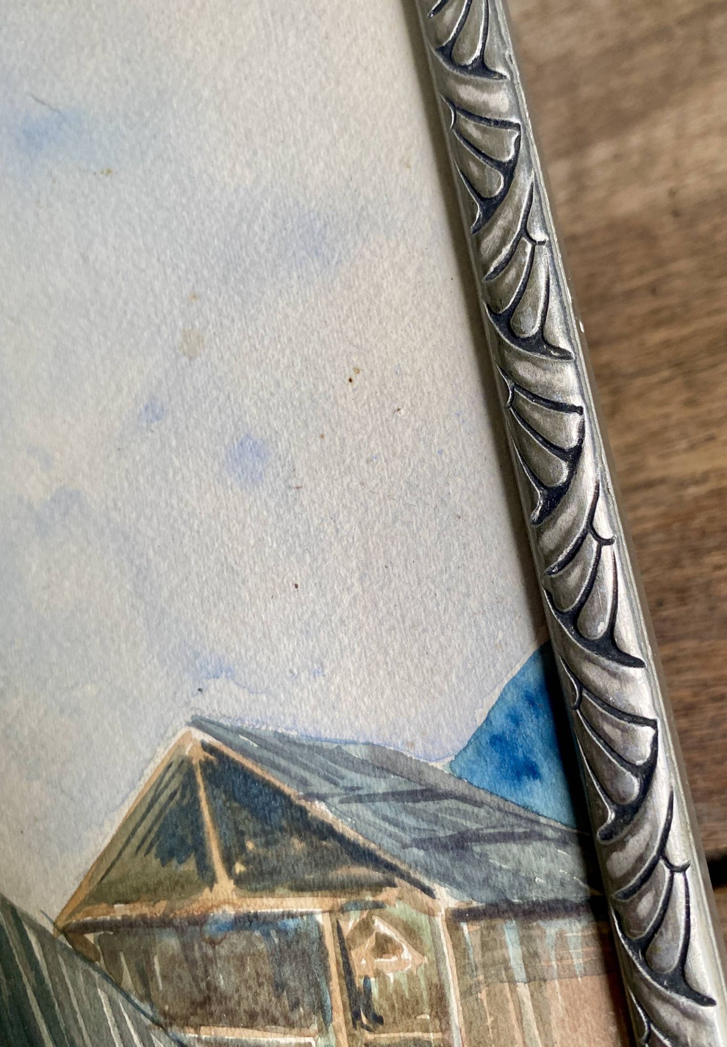 Aquarelle 1920, cadre bois sculpté argenté