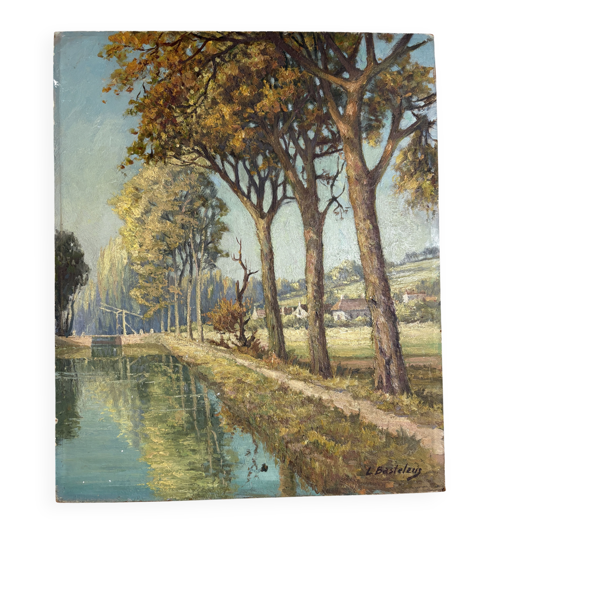 River landscape bordered by poplars, signed L. Basteleus, oil painting.