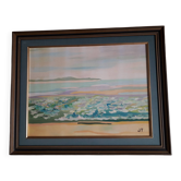 Old painting in oil on canvas depicting a seaside.