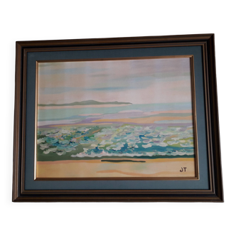 Old painting in oil on canvas depicting a seaside.