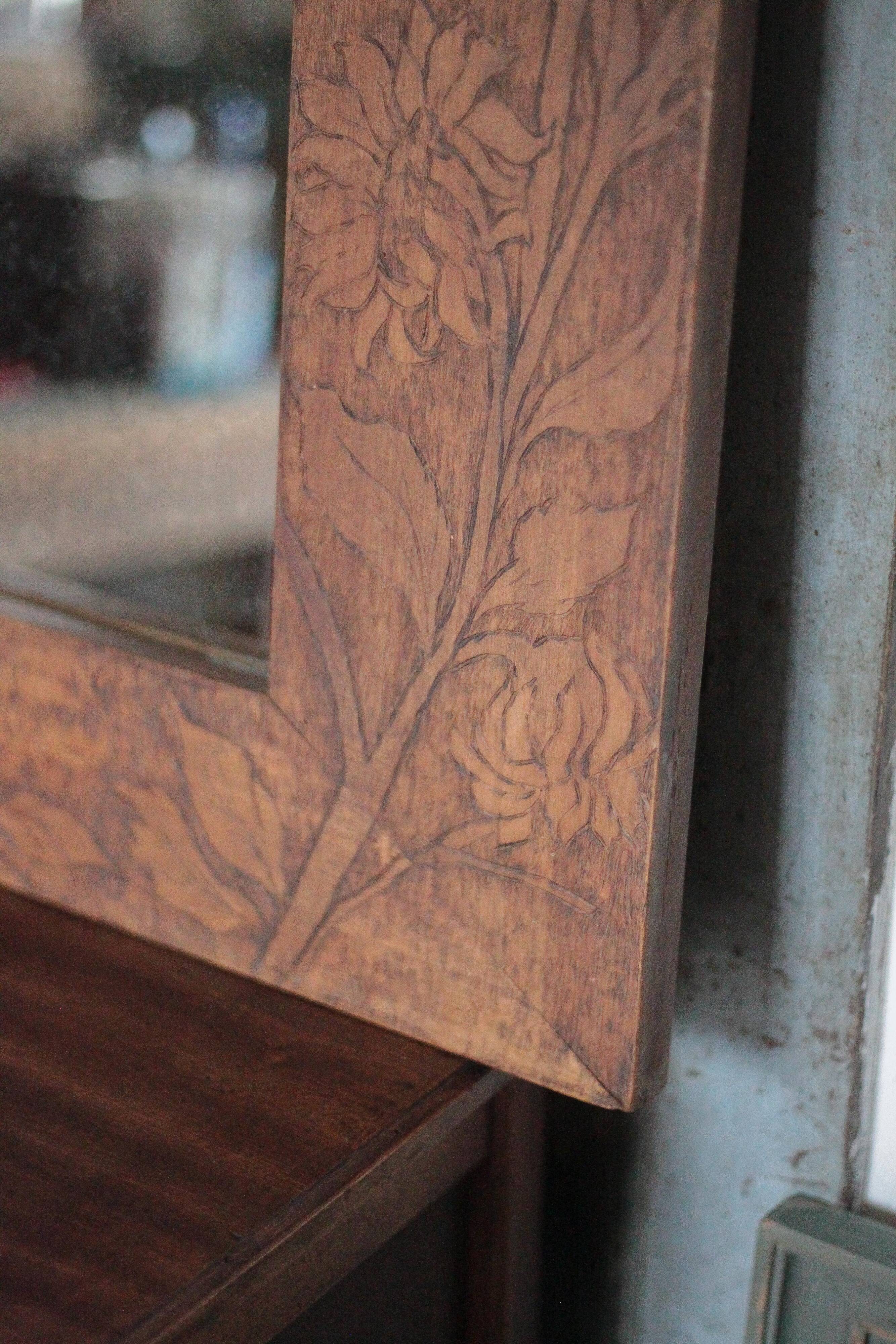 Large wooden mirror with floral pattern, wall mirror, wall glass.