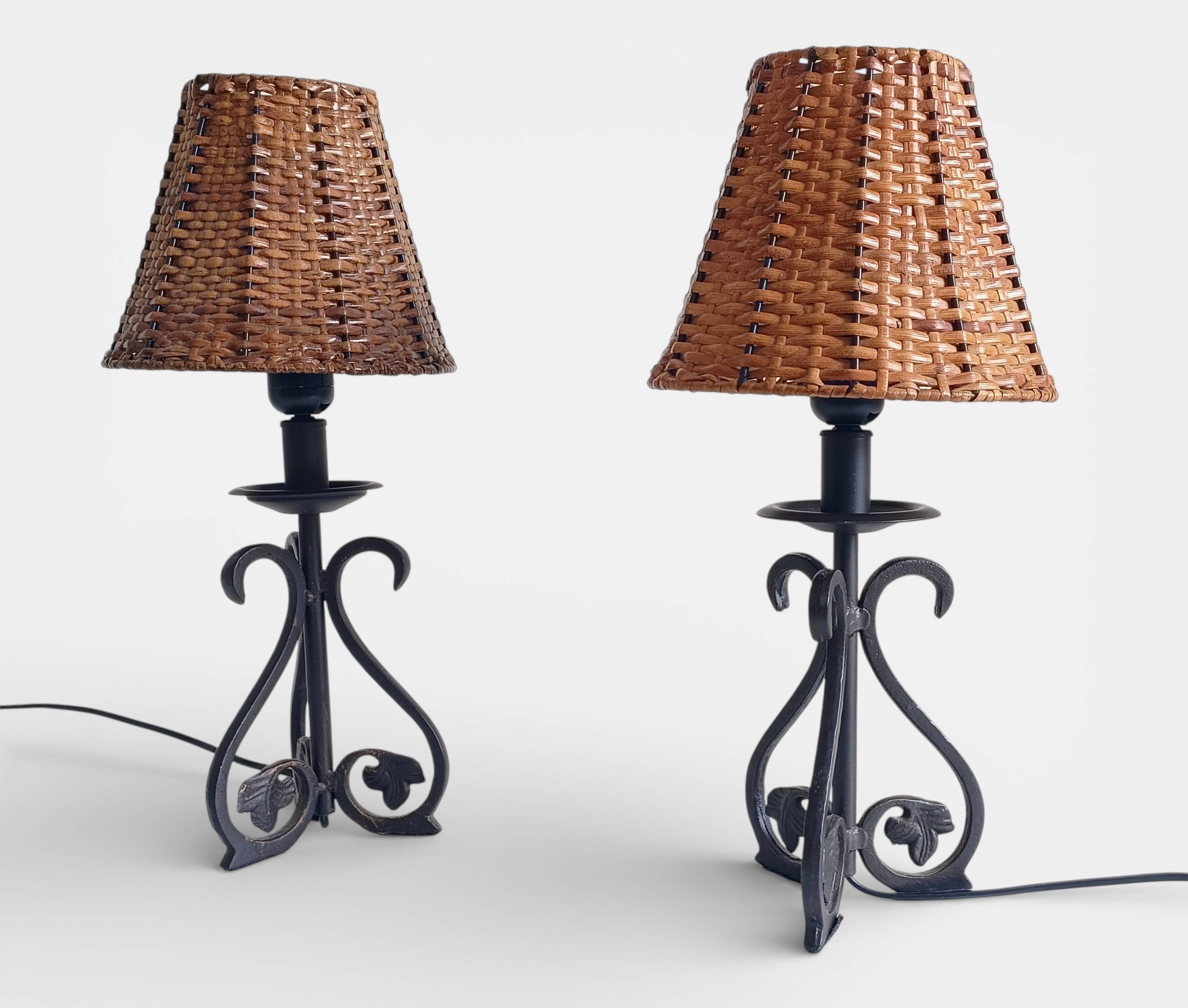Spanish Hand Forged Wrought Iron Table Lamps with Hand Woven Wicker Shades