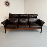 Vintage black leather Dreipunkt Scala design 3-seater sofa in teak.