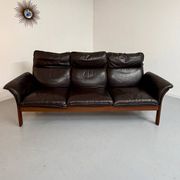 Vintage black leather Dreipunkt Scala design 3-seater sofa in teak.