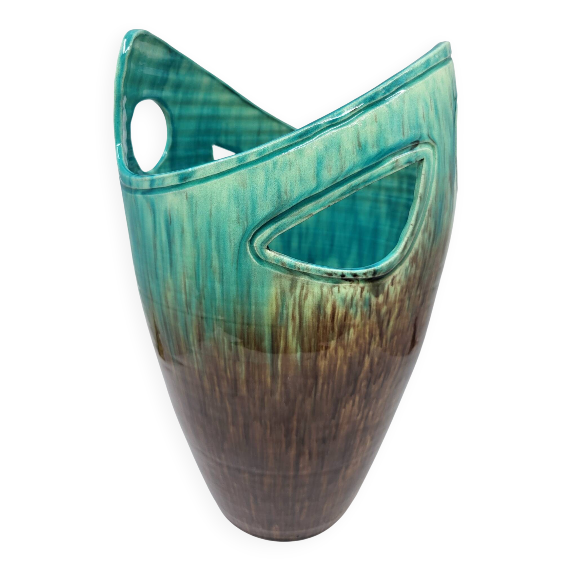 Vase Accolay signé J C en céramique Marron, Bleu France Vintage Design 1960