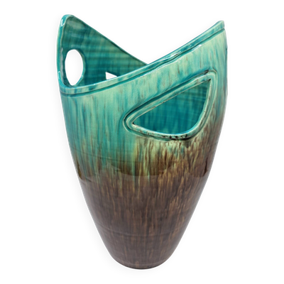 Vase Accolay signé J C en céramique Marron, Bleu France Vintage Design 1960