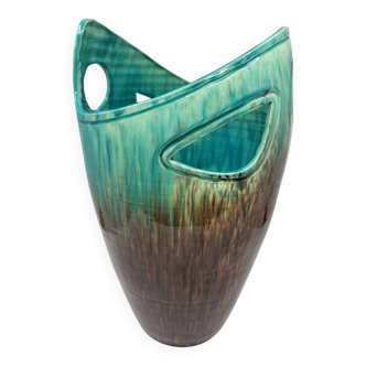 Accolay vase signed J C in brown and blue ceramic, France, vintage design 1960.