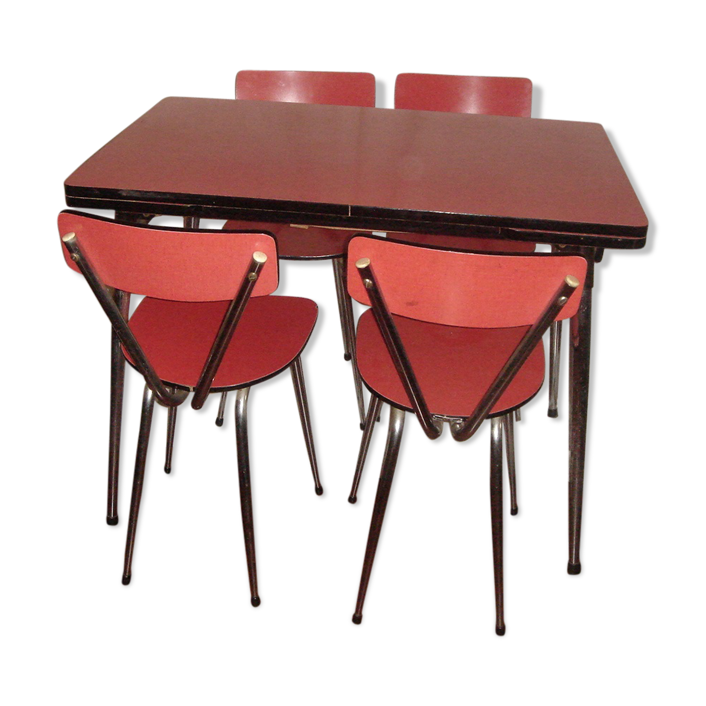 Table formica rouge + 4 chaises formica rouge 1960 Selency