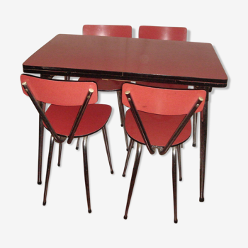 Table formica rouge + 4 chaises formica rouge 1960