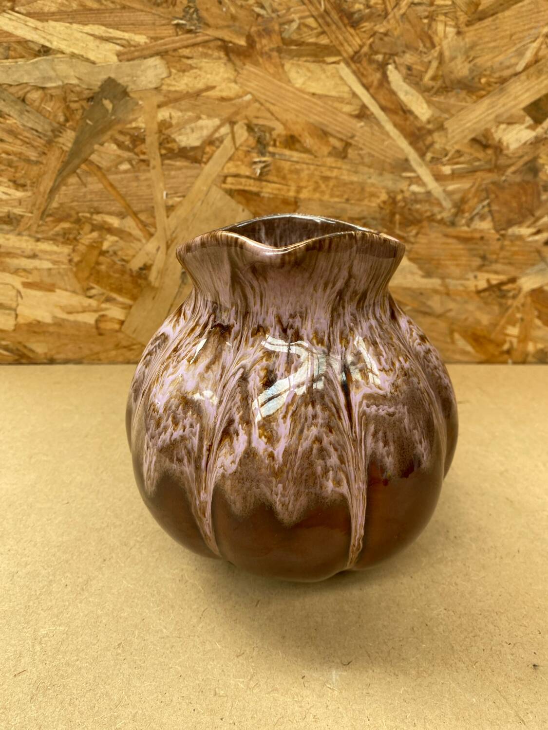 Antique melon pitcher flamed ceramic brown & pink vintage