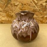 Antique melon pitcher flamed ceramic brown & pink vintage